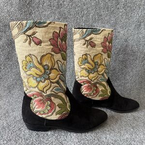 VTG 80s Andrea Carrano Tapestry Suede Floral Boho Mid Calf Boots Size 7.5A Italy